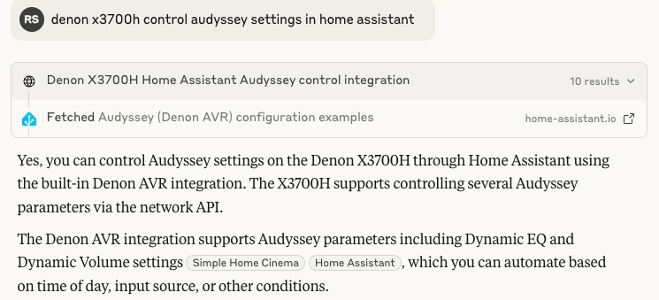 Asking Claude about Denon AVR Audyssey settings in HA